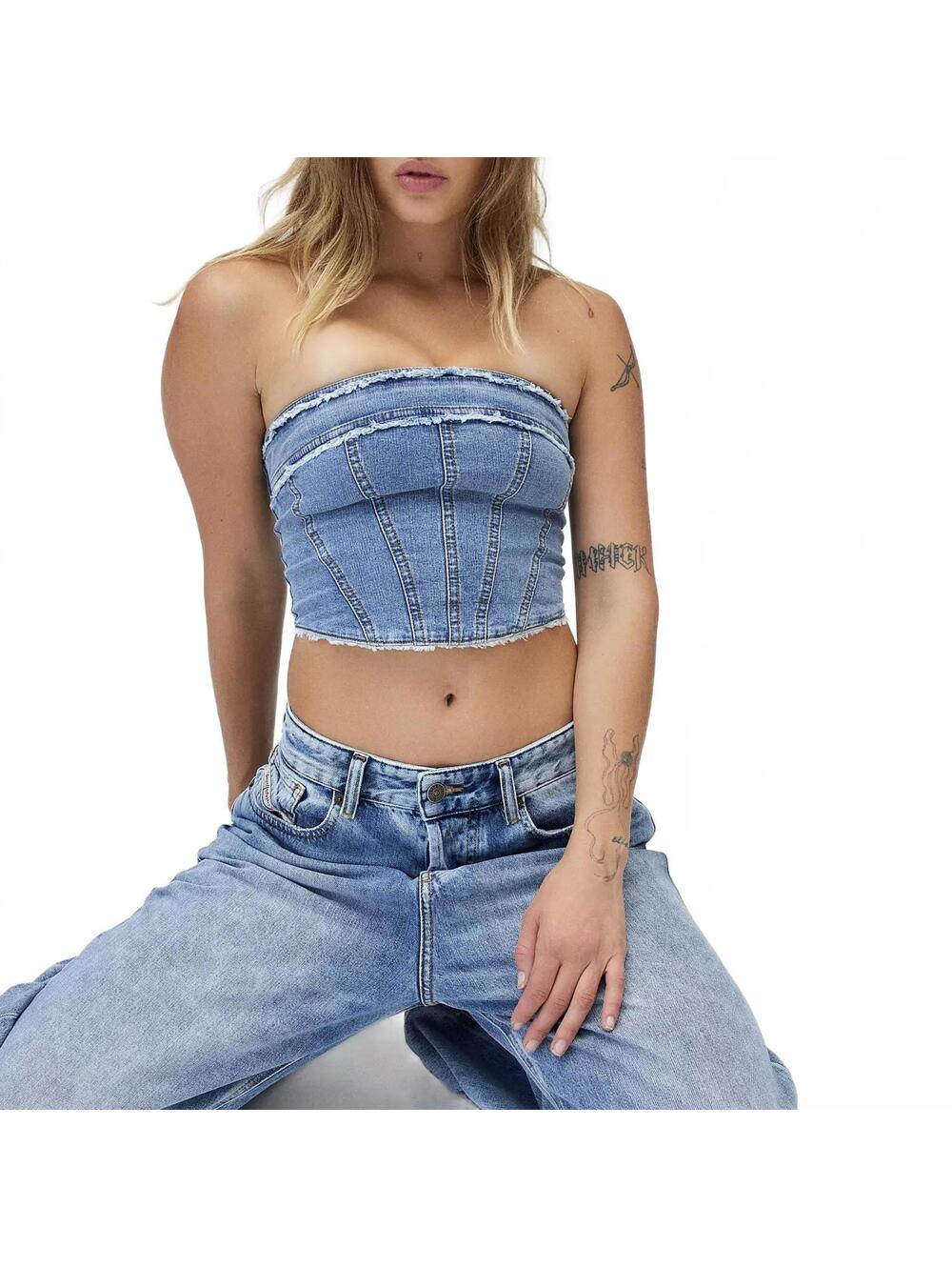 UO Ecote Kate Denim Tube Top Urban Outfitters Light Wash Blue NWT Small